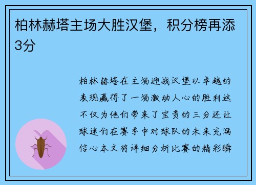 柏林赫塔主场大胜汉堡，积分榜再添3分